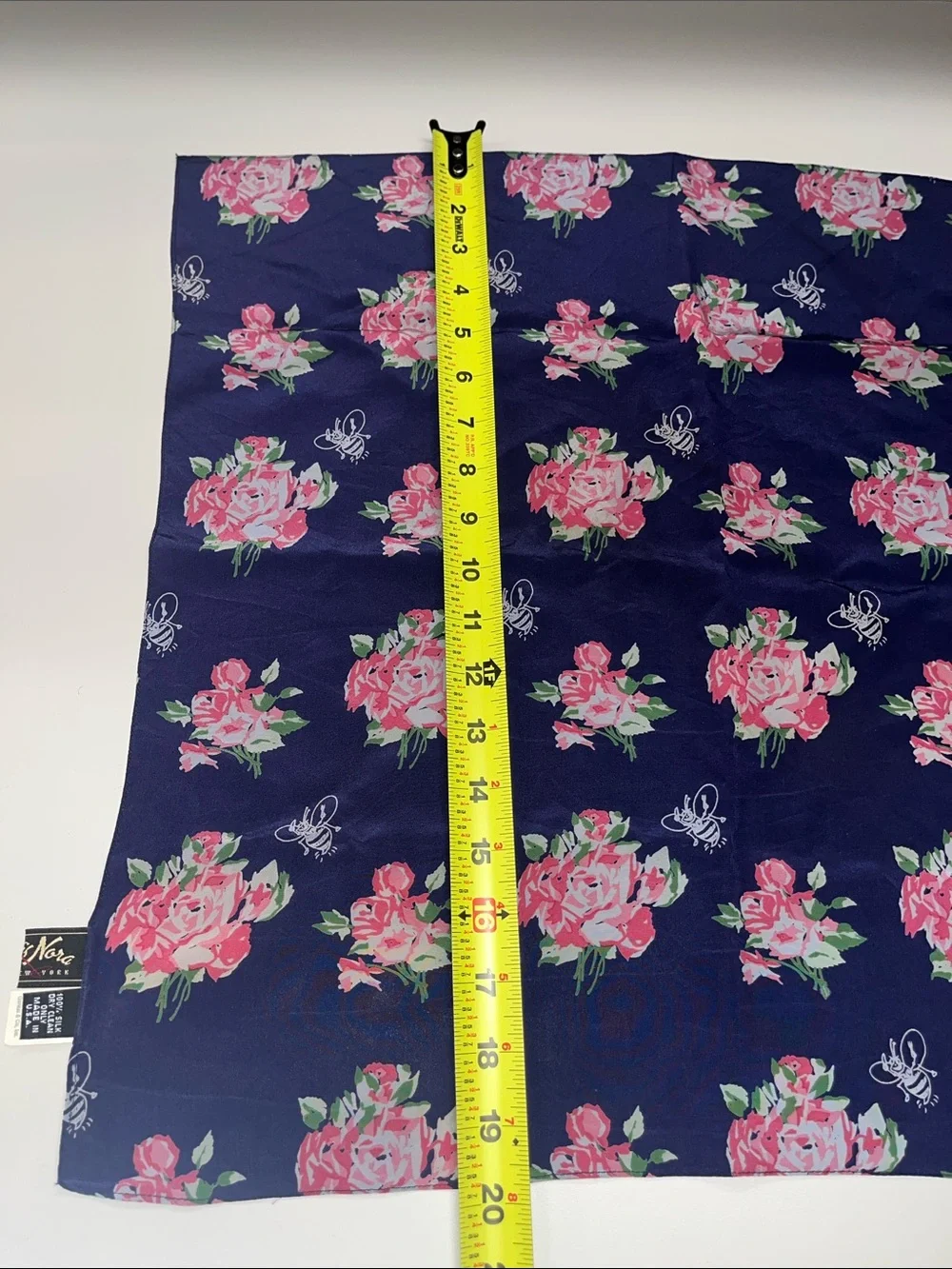 Nick & Nora Navy Silk Scarf with Bees & Pink Floral Bouquet Print